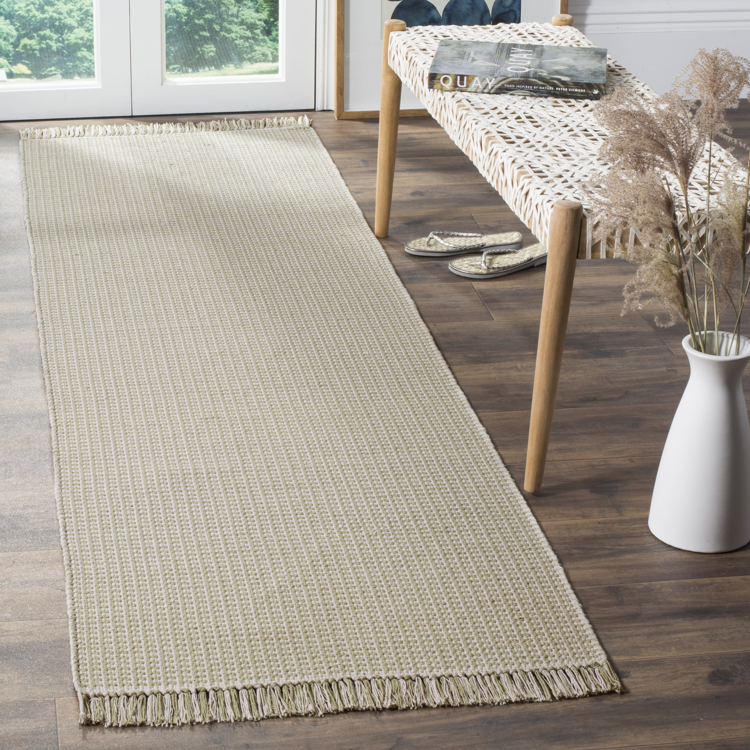 SAFAVIEH Montauk Patton Geometric Cotton Runner Rug, Ivory/Green, 2'3" x 12'