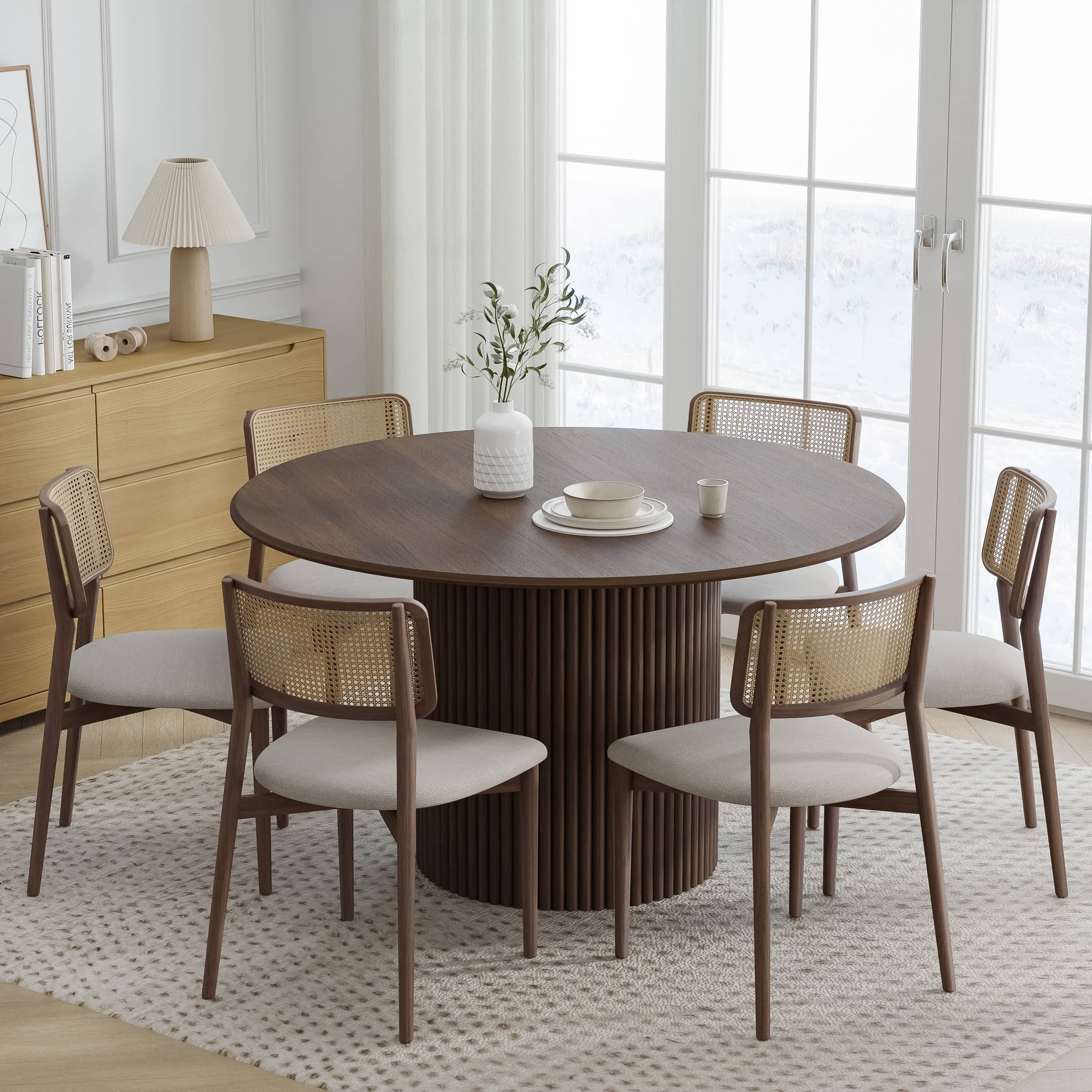 MAYEERTY 52" Wooden Round Rustic Dining Table for Dining Room Kitchen, Walnut