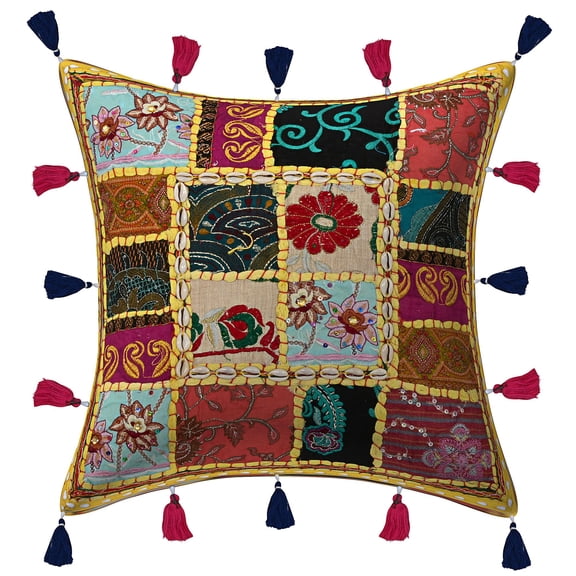 Stylo Culture Indian Sofa Throw Pillow Cover Vintage 16 x 16 Embroidered Patchwork Cowrie Tassels Yellow Tribal Hippie 40 x 40 cm Living Room Cotton Floral Square Cushion Cover | 1 Pc