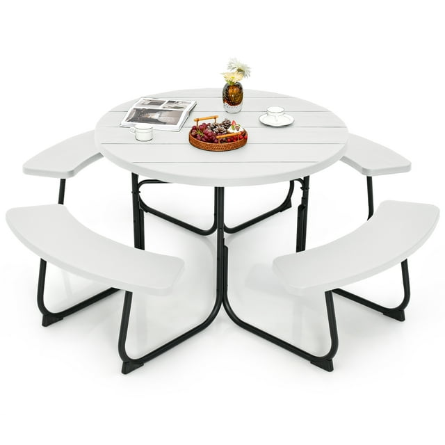Costway Ensemble de Table de Pique-Nique Ronde d'Extérieur pour 8 Personnes avec 4 Bancs et Trou pour Parasol Blanc
