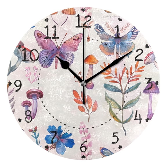 Butterflies Florals Mushrooms Leaves Watercolor Round Wall Clock Silent Analog Battery Operated Black Pointer Home Decor 9.84" Diameter
