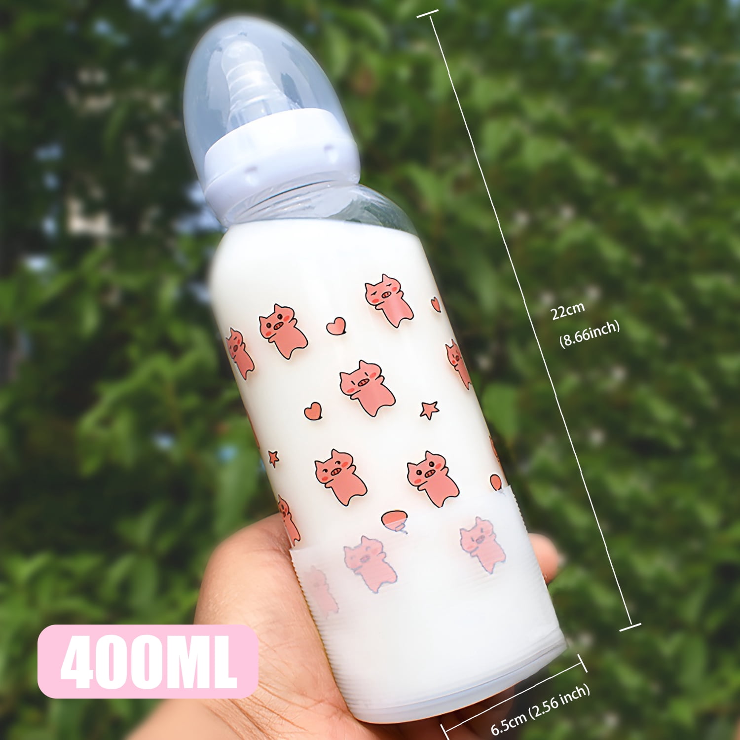 CutiePlusU Adult Glass Feeding Bottle Cute Printed Large Size Baby Bottles 13.5Oz/400ML Flying Piggy