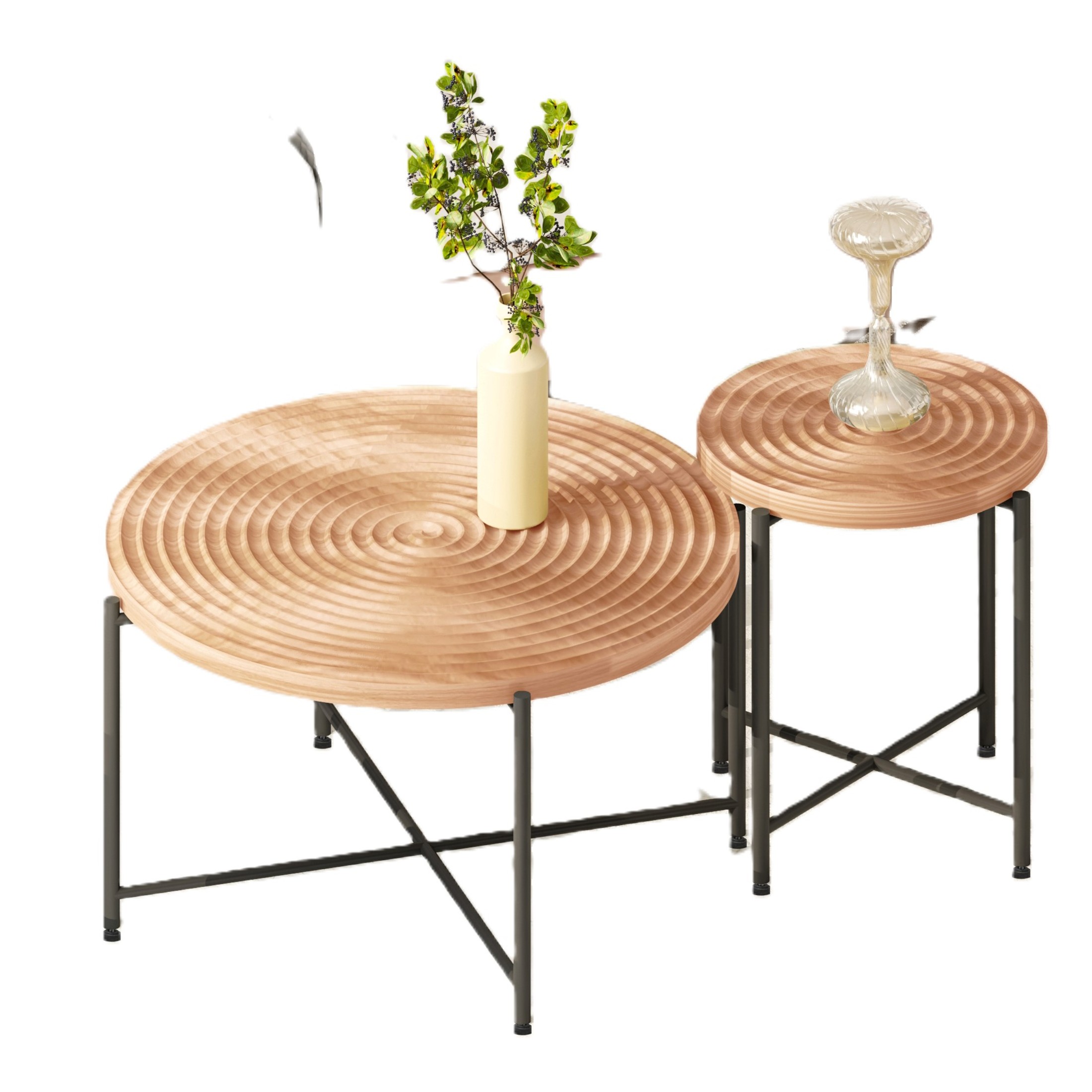 GDF Studio 2-Piece Coffee and End Table Set with Radial Ring Pattern Tabletops, Black Metal Legs, Brown