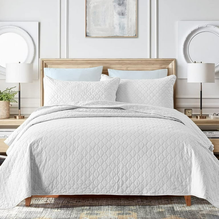 Quilts for Queen Bed Greagle 3 Piece White Ultrasonic Reversible Soft Warm Velvet Lightweight Bedspread Bedding Set with 2 Piece Pillow Shams 90 x