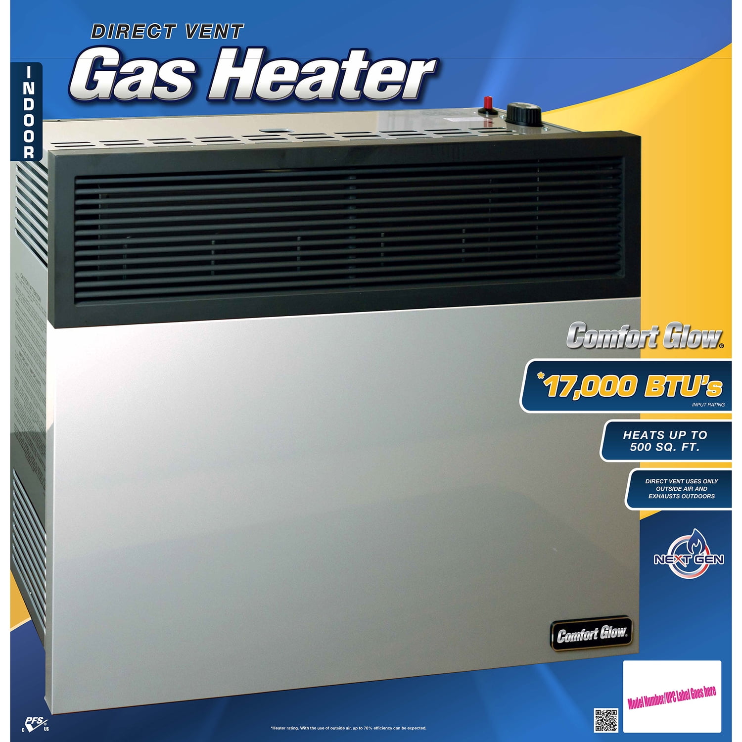 Comfort Glow 17,000 BTU Direct-Vent Natural Gas Wall Heater with Vent Kit, Matchless Piezo Ignition with T-Stat Control Knob, 500 Sq. Ft, DVN17