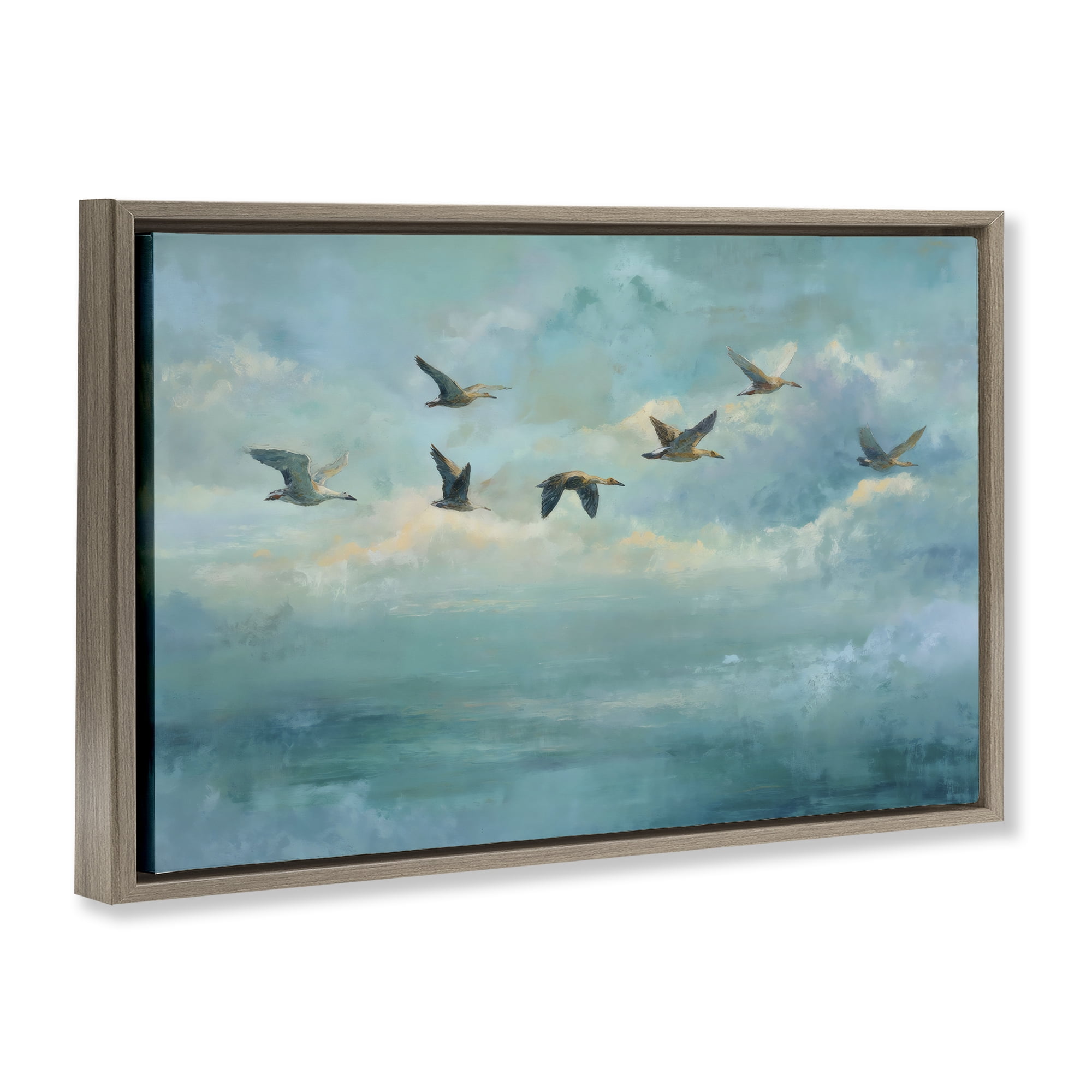 Stupell Industries Blue Skies Geese Brown Framed Floater Canvas Wall Art, design by Petal Prints Design