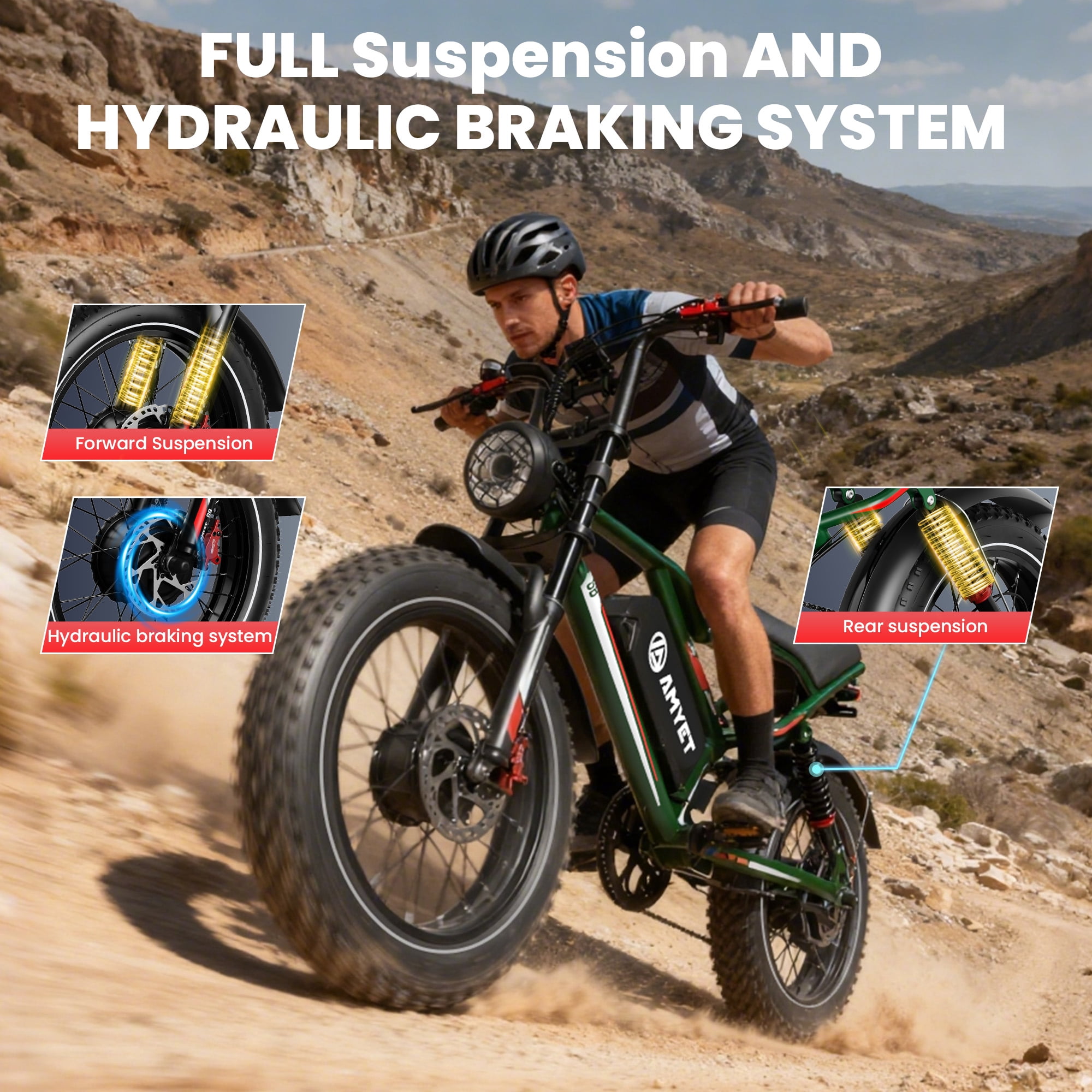 AMYET S8 3000W Peak Dual Motor AWD Electric Bike for Adult, 20" Fat Tire Ebike 48V 25AH 34MPH E-Mountain Bicycle UL2849