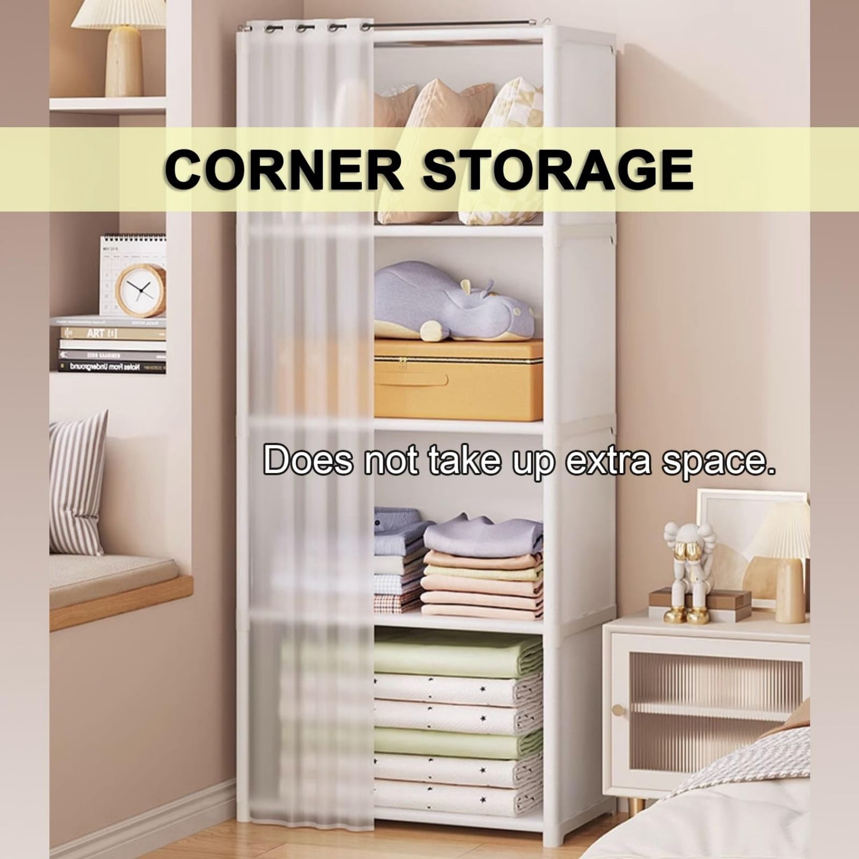 5 Tier Freestanding Bookcase with Curtain, 10 Grid Open Bookshelf Storage Organizer, Tall Display Shelf for Bedroom Living Room Office, White