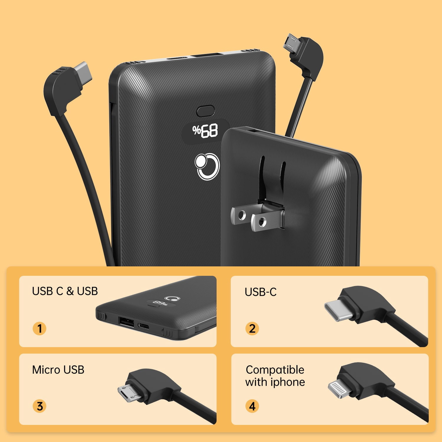 Q 10000mAh Portable Power Charger PD20W Fast Charging Portable Charger with Cables,USB Battery Pack with Built-in Cables AC Wall Plug Compatible for iPhone and Android Cell Phone
