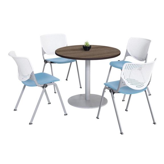 Pemberly Row 42" Round Dining Table-Teak Top-Kool Chairs-White/Sky Blue