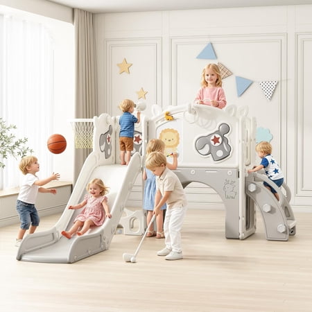 12 in 1 Toddler Slide, NEORIVER Kids Indoor Slide for Toddlers 1-3 Years Old, Toddler Indoor Playground with Drawing Board, Golf Set, Ring Toss, Basketball Hoop and Storage