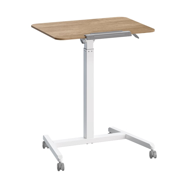 Seville Classics Natural Wood airLIFT® Pneumatic Tilting Mobile Desk Cart with a natural wood laminated rectangular tabletop, white steel frame, and four caster wheels, height adjustable from 29.9 to 43.3 inches, featuring a tilting tabletop for ergonomic use, ideal as a couch desk or rolling side table.