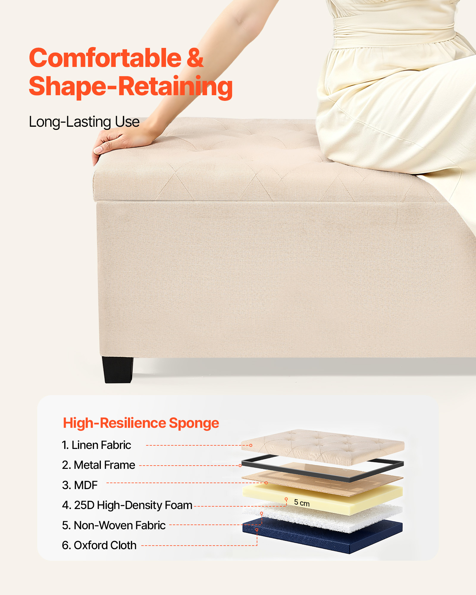 VEVOR Storage Ottoman Bench, Button-Tufted End of Bed Bench with Side Bags, Flip-up Upholstered Storage Chest with Metal Frame, Linen Bed Ottoman for Living Room, Bedroom, Entryway, Office, Beige