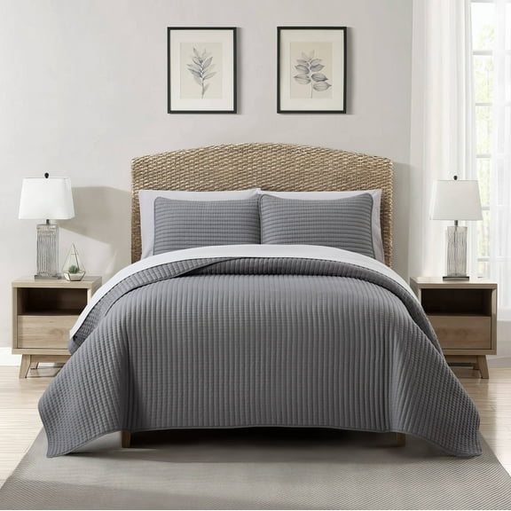 Nanshing Myrne 7 Piece Modern Solid Color Waffle Quilt Set, Grey, King