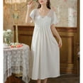 thumbnail image 3 of Women's Cotton Victorian Nightgown Summer Sleepwear Illusion Lace Soft Frilly Cute V Neck Short Sleeve Pajama Dress Comfy Ruffle Long Sleep Dress White Medium, 3 of 5