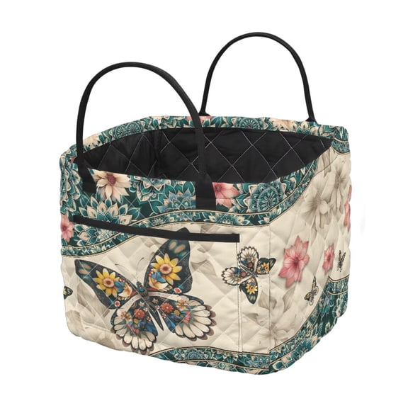Yuyamidu Floral Butterfly Quilted Fabric Storage Basket with Handles Large Capacity Collapsible Laundry Hamper Nursery Organizer Bin for Home, Picnic, Shopping, Travel