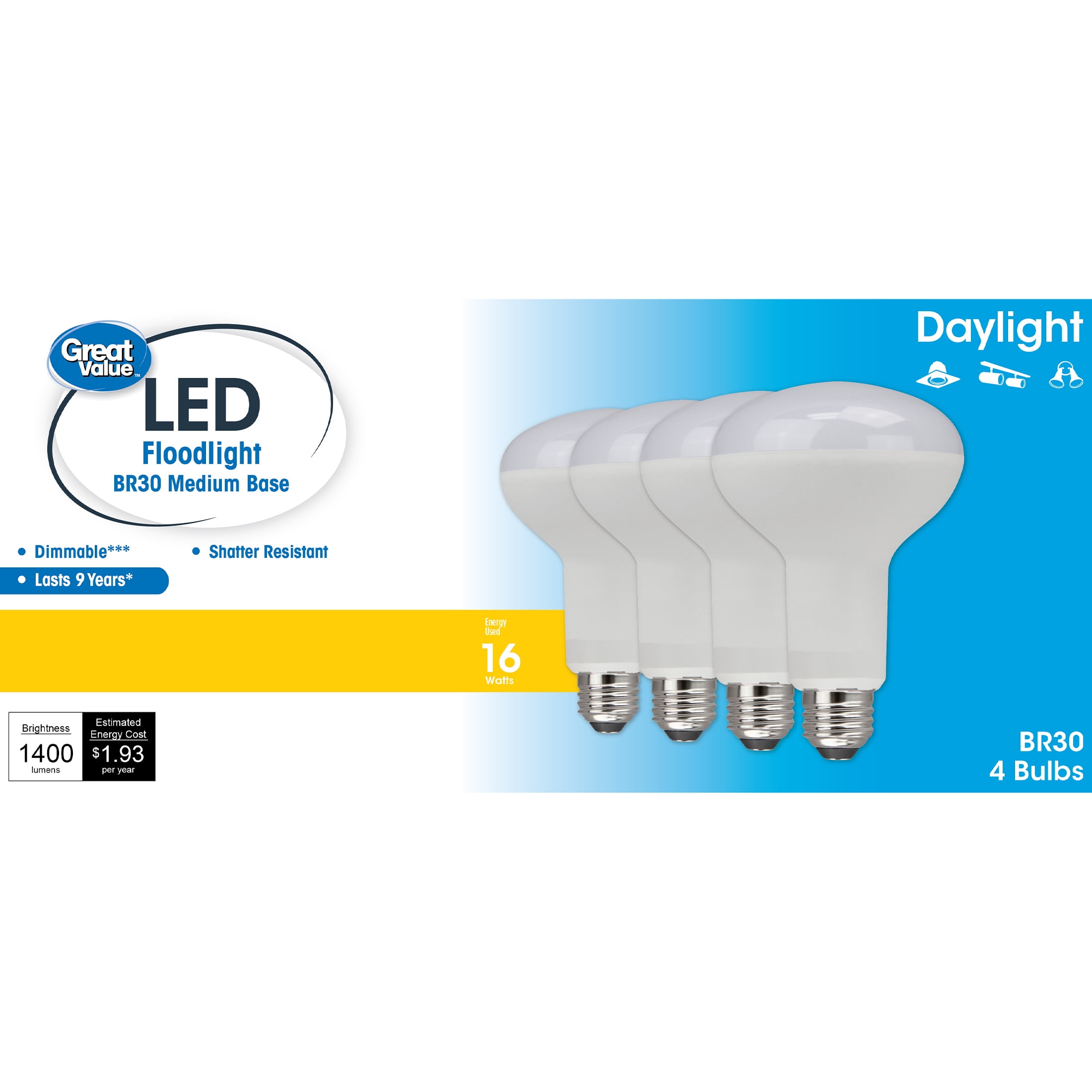 Great Value LED Light Bulb, 14 Watts (100W Equivalent) BR30 Floodlight Lamp E26 Medium Base, Dimmable, Daylight, 4-Pack