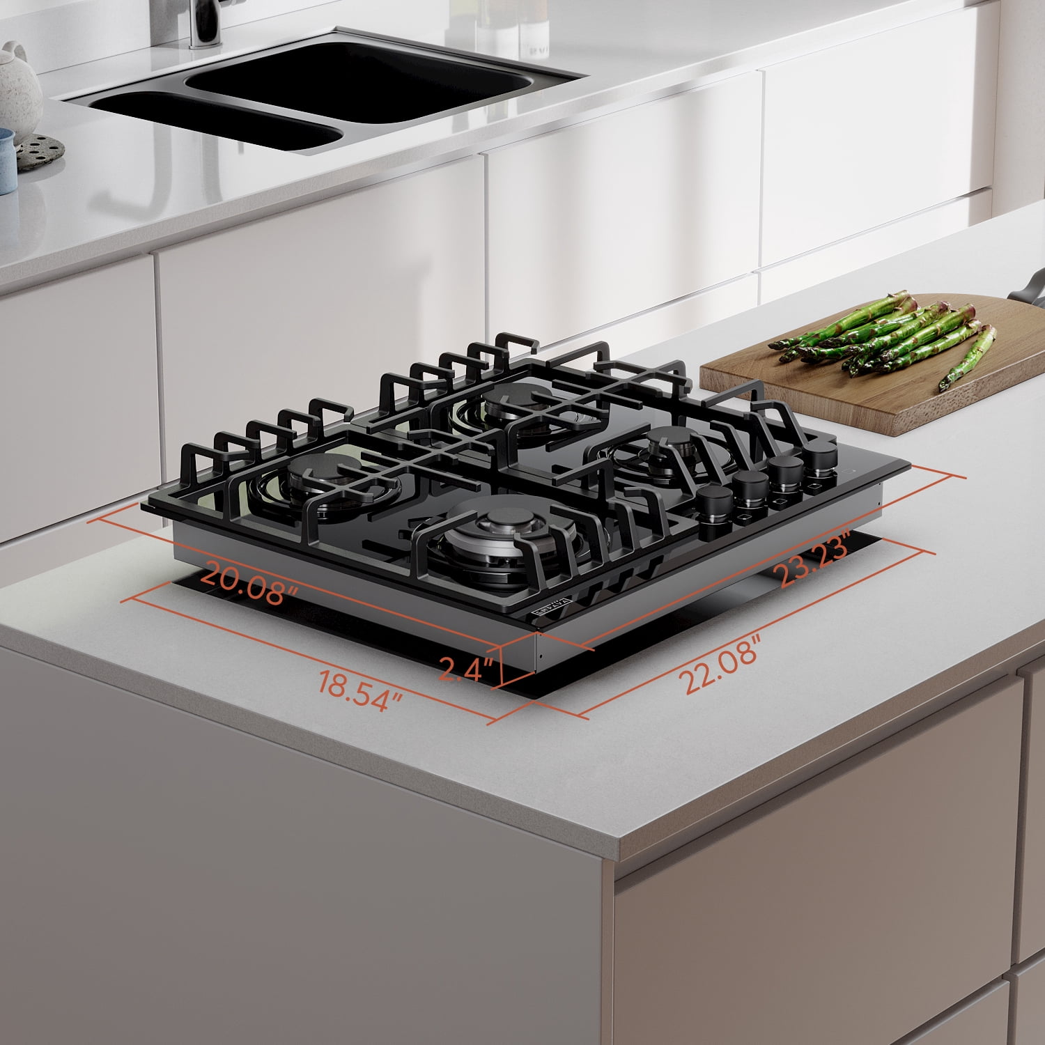 Empava 24 in. Gas Stove Cooktop 4 Italy Sabaf Sealed Burners NG/LPG Convertible Tempered Glass in Black EMPV-24GC28