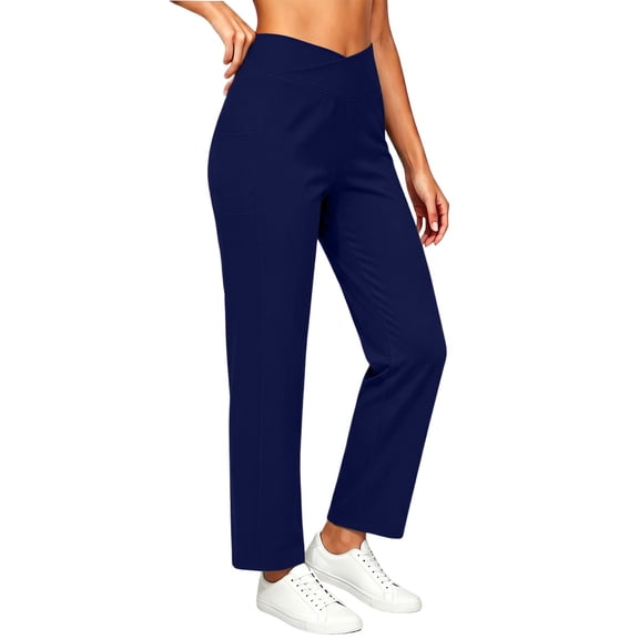 Costeam Womens Cross Wrap High Waist Straight Leg Pants Dual Side Insert Pockets Stretch Soft Knit Solid Color Cropped Casual Daily Walking Trousers