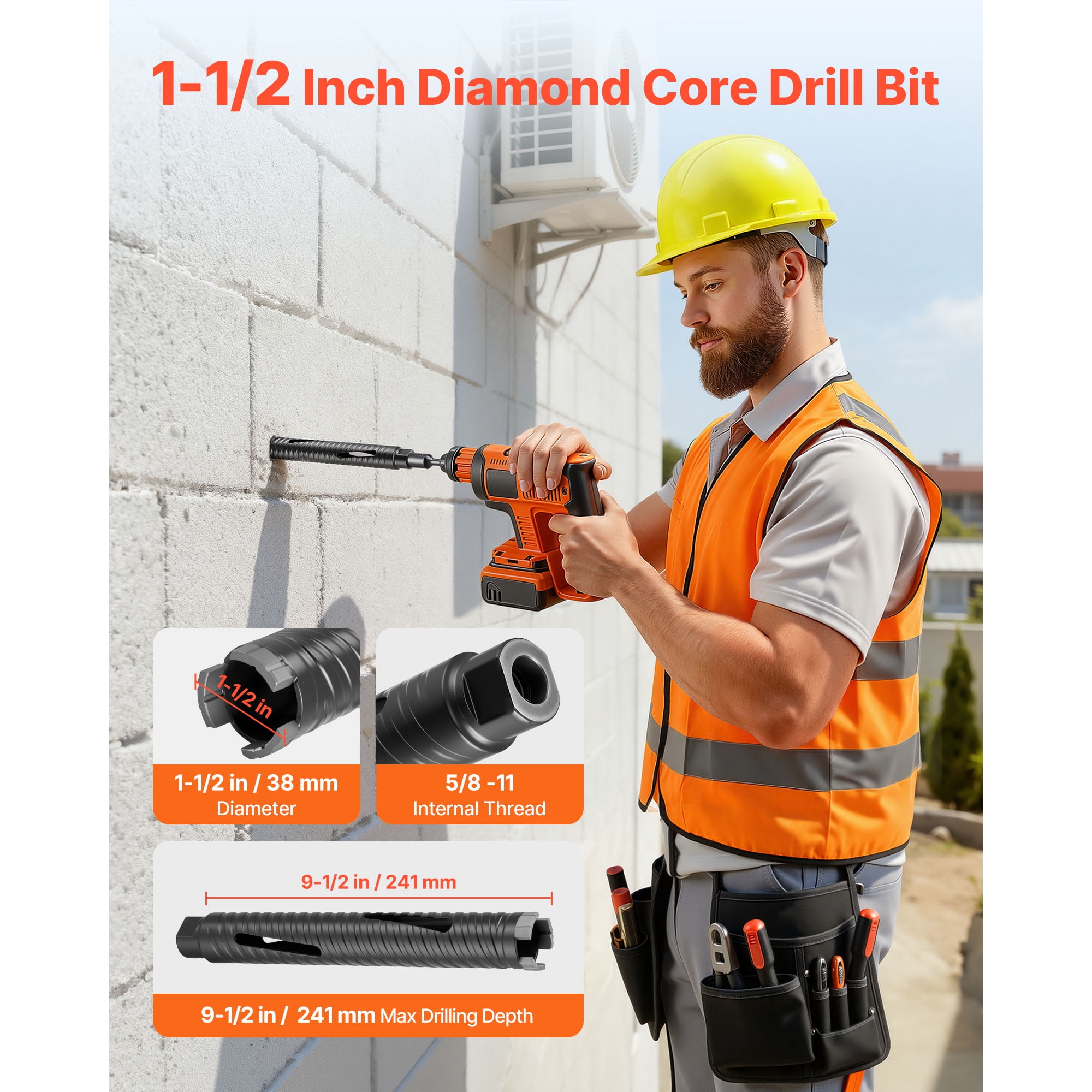 KFFKFF 1-1/2 inch Diamond Core Drill Bit, 9-1/2 inch Depth, 5/8-11 Thread, Includes 3 Adapters, Pilot Drill, and Hex Wrench, Suitable for Concrete, Red Bricks, and Masonry