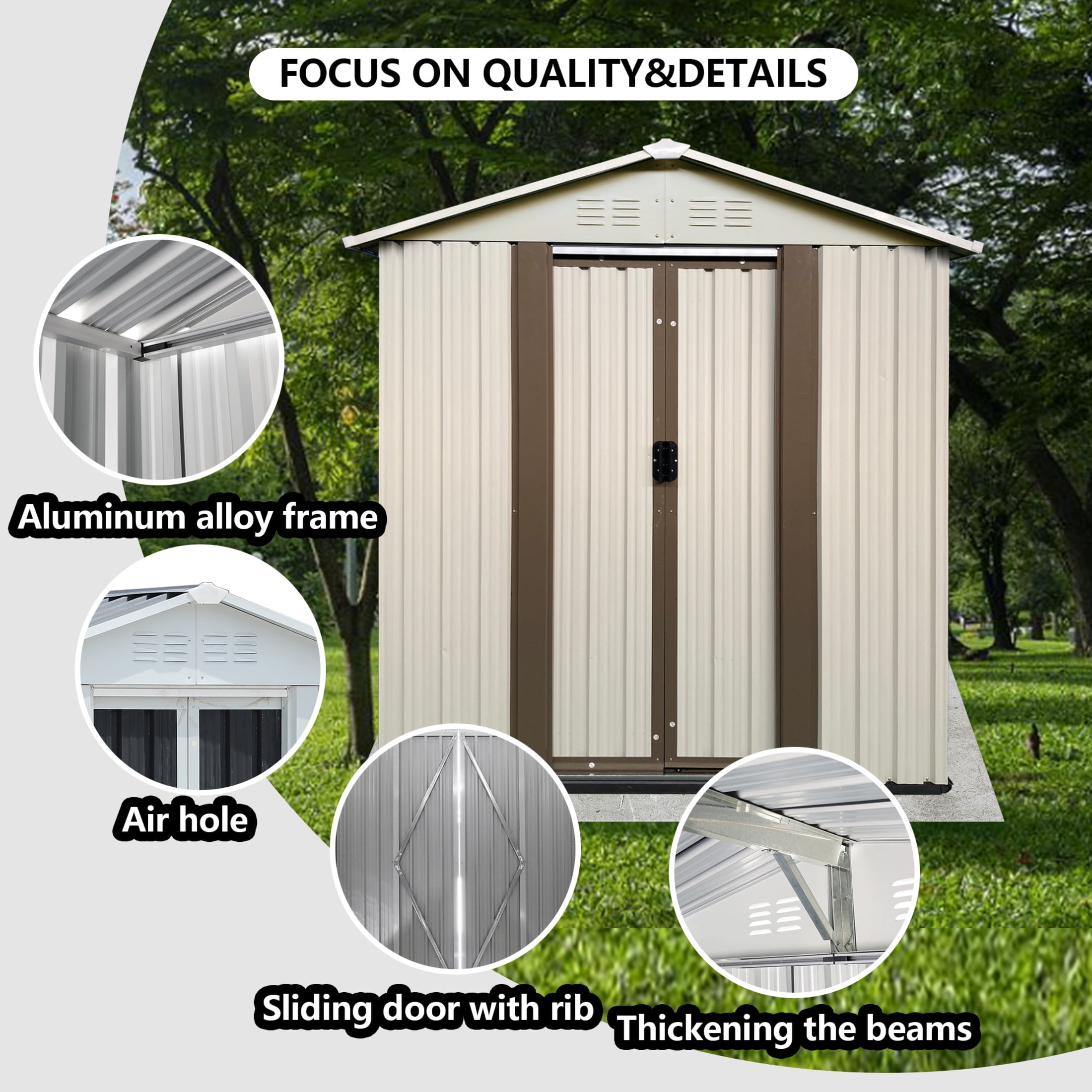 Noble House 5x3 FT Metal Garden Storage Shed, Apex Roof Outdoor Tool & Bike Shelter with Sliding Doors, Cream White