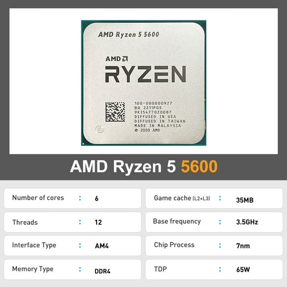 Procesador AMD Ryzen 5 5600 R5 5600 5000 Series 6 núcleos 12 subprocesos 3,5 GHz CPU 7NM L3=32M Socket AM4 DDR4 Nuevo pero sin disipador