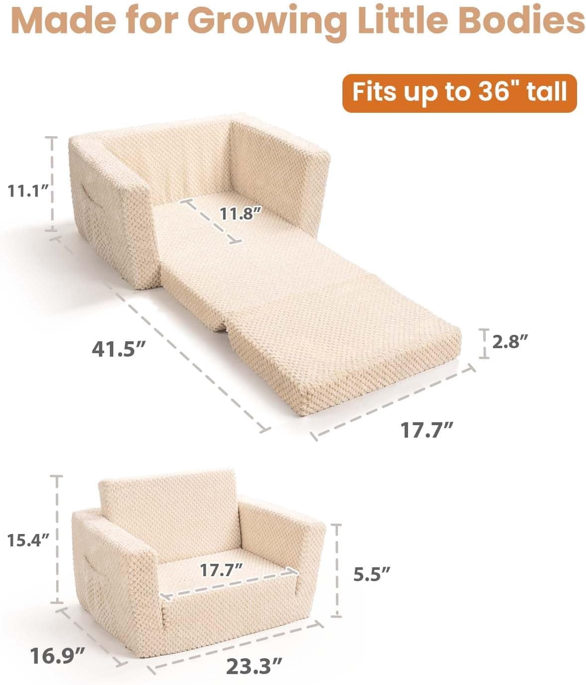 Beavtaens Foldable Toddler Couch with Soft Sherpa Cover, 2-in-1 Comfy Toddler Sofa & Lounger for 1-3 Years Old Girls Boys, Kids Chair with Pockets & Handle for Reading, Playroom, Beige