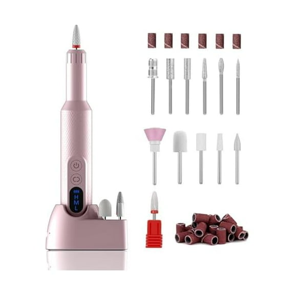 YJJSKEJI Cordless Electric Nail Drill, Portable Professional Rechargeable Efile Nail File Machine with Nail Drill Bits, Sanding Bands for Acrylic Gel Nails, Manicure Pedicure Polishing, Pink