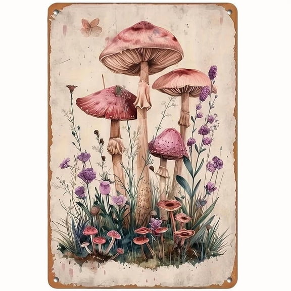 HELLOYOUNG Vintage Mushroom Pattern Metal Sign, 1 Count Mushroom & Plant Pattern Wall Art, Wall Decor for Home Living Room Bedroom Study Room, Ornaments