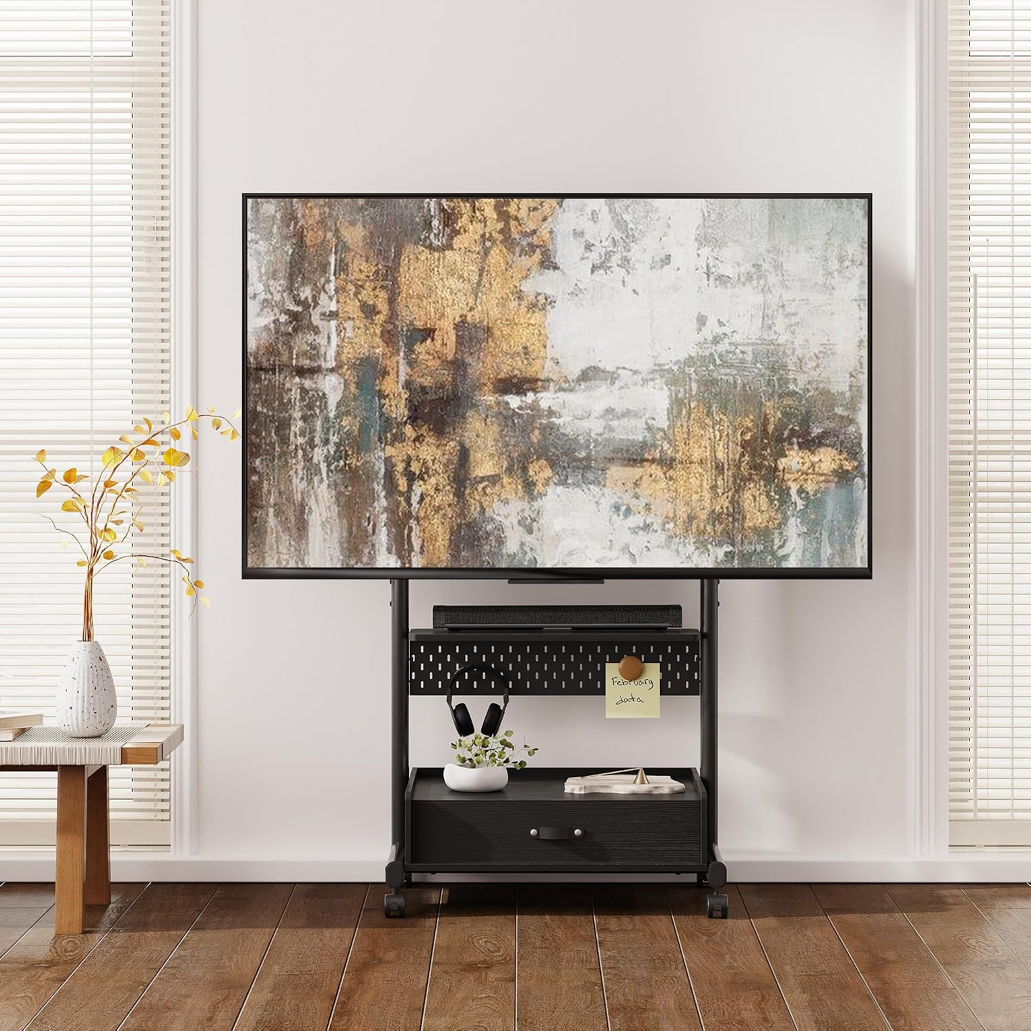 FITUEYES Rolling TV Stand for 40–85 Inch TVs, Black, Drawers & Pegboard, Storage Shelf