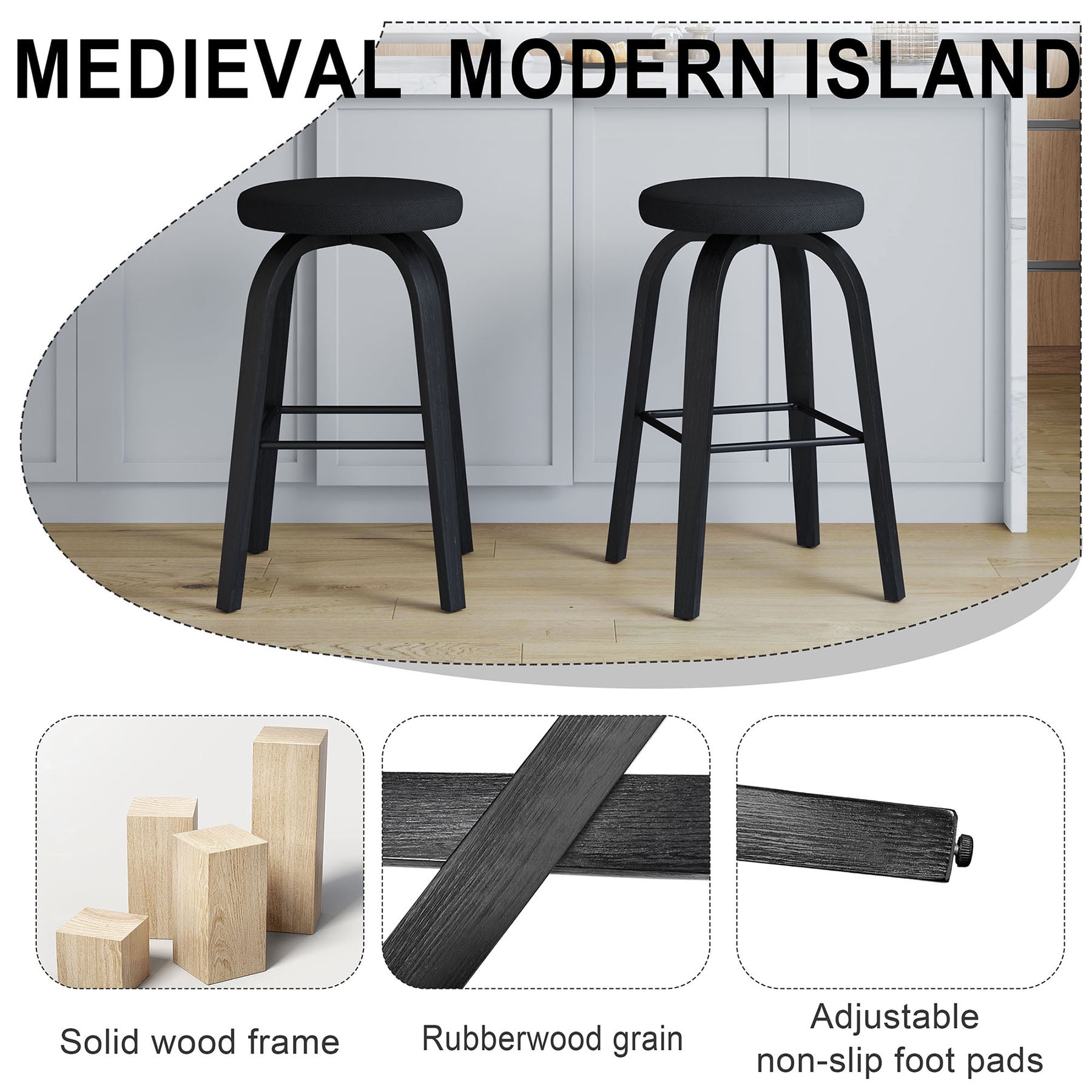 S-HOME Swivel Bar Stools Set Of 2,  Fabric Upholstered 30 Inch Height, Ideal For Restaurants And Home Use，Black