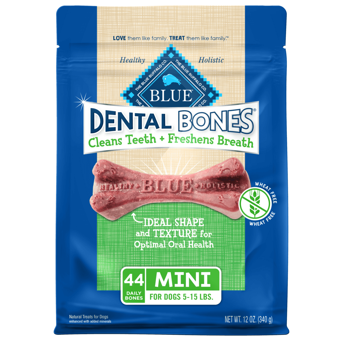 Blue Buffalo Dental Bones Mini (5-15 lbs) Dental Treats for Adult Dogs, Whole Grain, 12 oz. Bag