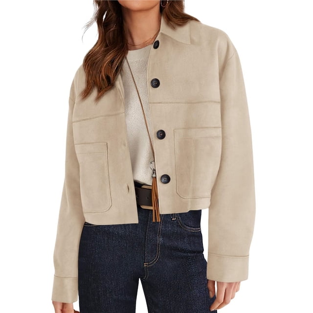 Chaqueta Corta de Ante Sintético para Mujer, Informal, Ligera, para Otoño e Invierno. Beige XXL