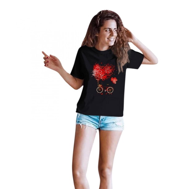 Mujer Día de San Valentín Tops Camiseta estampada Casual Manga corta Blusa de cuello redondo Pompotops hfajkhk125271