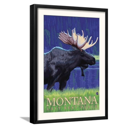 Montana, Last Best Place, Moose at Night Framed Art Print Wall Art  - (Best Place To Shoot A Moose)