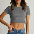 thumbnail image 2 of Crop Tops for Women Drawstring Side Slim Fit Shirts Crew Neck Short Sleeve Blouses Solid Color Casual Basic Tees (2XL, Dark Gray), 2 of 7