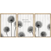 IDEA4WALL Framed Canvas Print Wall Art Set of 3 Dark Dandelion Flowers on Wood Background Wall Decor Retro Vintage Nature Botanical Floral Prints Minimal Bohemian Artwork - Natural 16"x24"x3