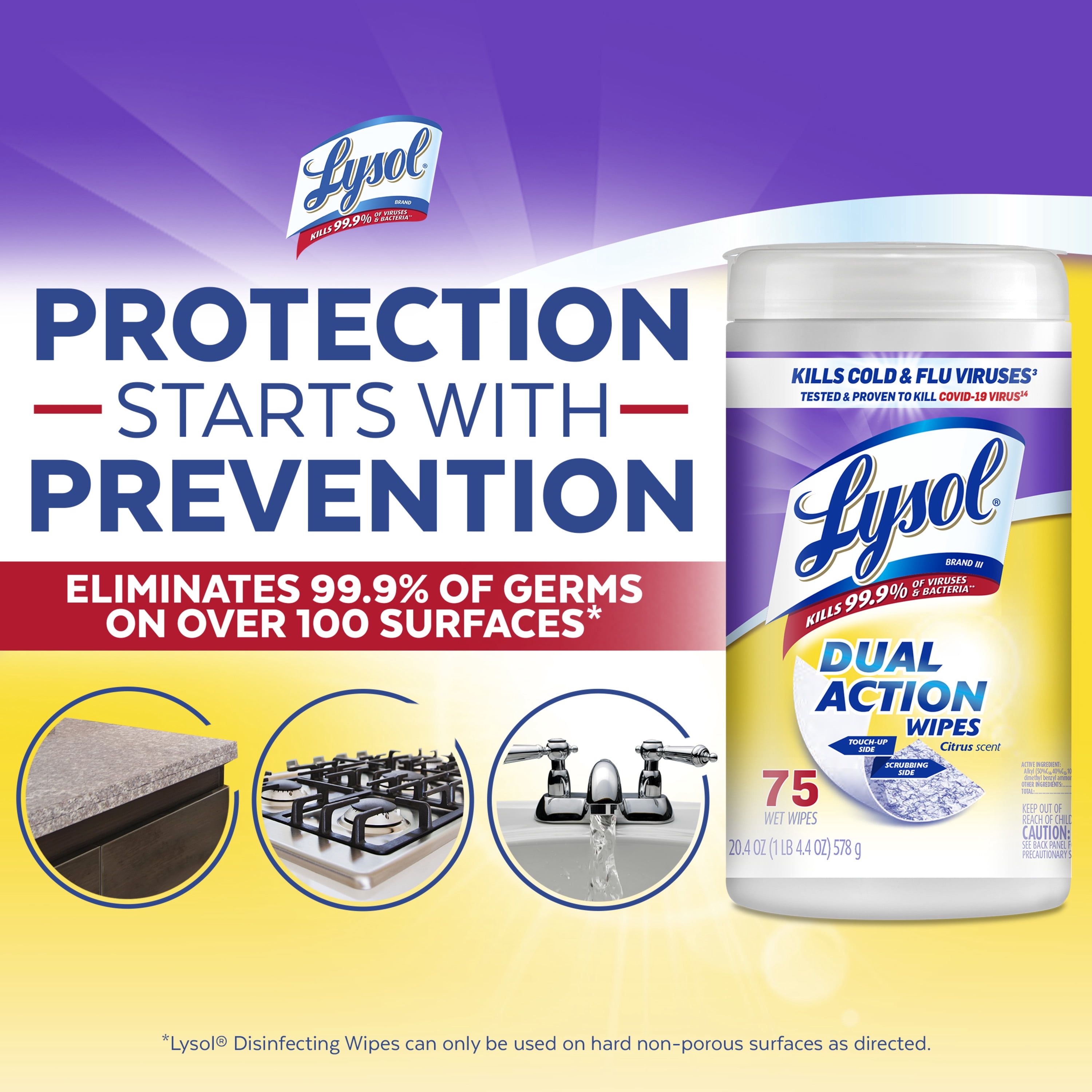 (2 pack) Lysol Dual Action Disinfectant Wipes, Multi-Surface Antibacterial Scrubbing Wipes, For Disinfecting and Cleaning, Citrus Scent, 75 Count