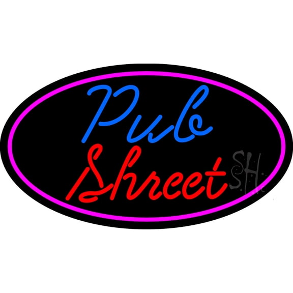Pub Street Oval With Pink Border LED Neon Sign 13 x 24 - inches, Clear Edge Cut Acrylic Backing, with Dimmer - Bright and Premium built indoor LED Neon Sign for Bar decor.