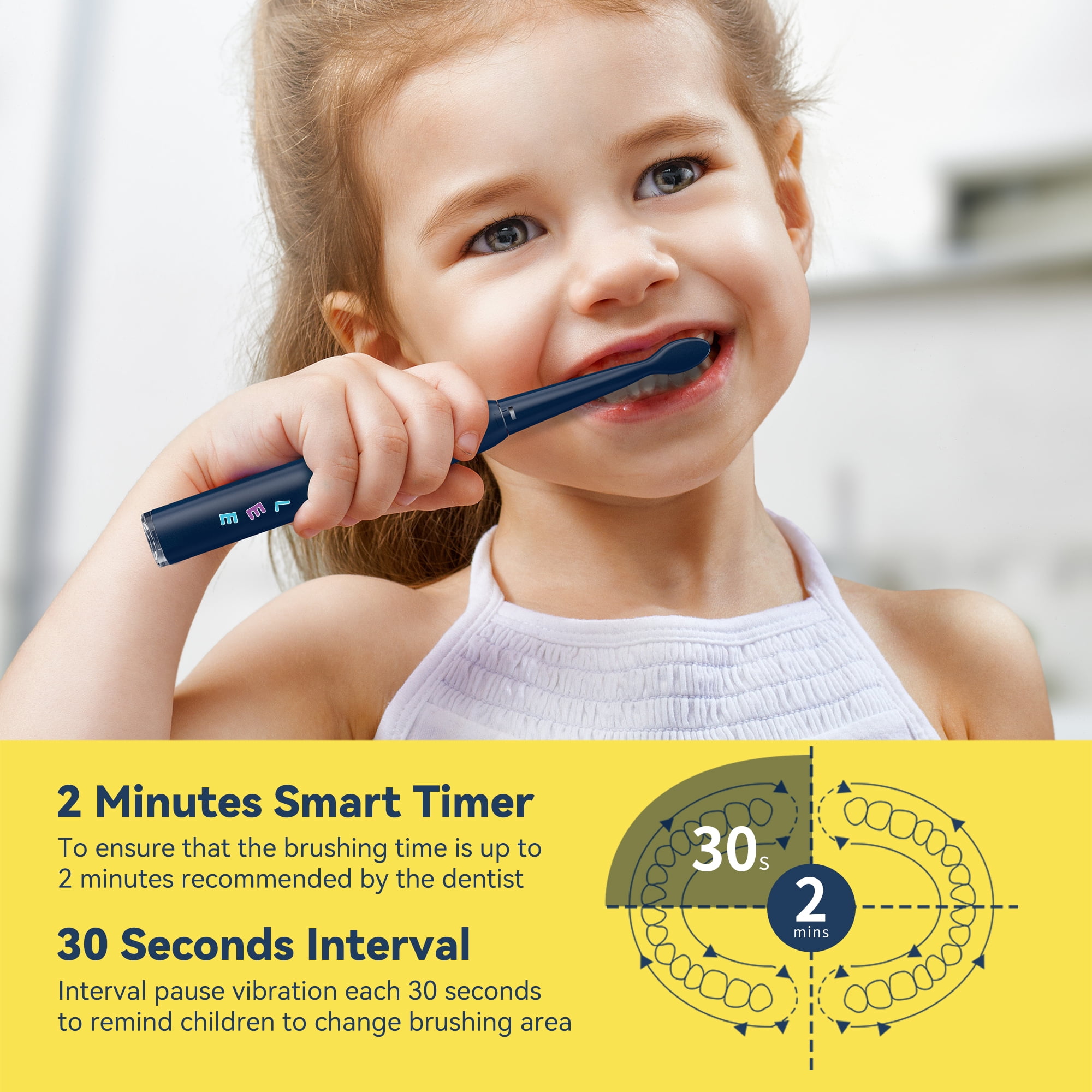 Seago Sonic Kids Rechargeable Electric Toothbrush,SG-2303Navy Blue,DIY Stickers,8 Soft Brush Heads,5 Modes, for Kids 6-12