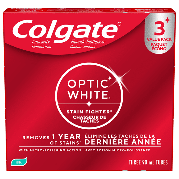 Colgate Optic White Stain Fighter Fresh Mint Teeth Toothpaste Gel, Value pack 3x90ml