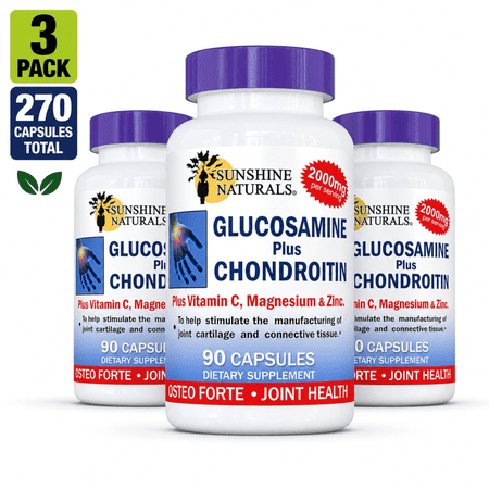 Sunshine Naturals Glucosamine Sulfate Plus Chondroitin Sulfate, Bone and Joint Supplements, Dietary Supplements - 90 Capsules, 3 Pack