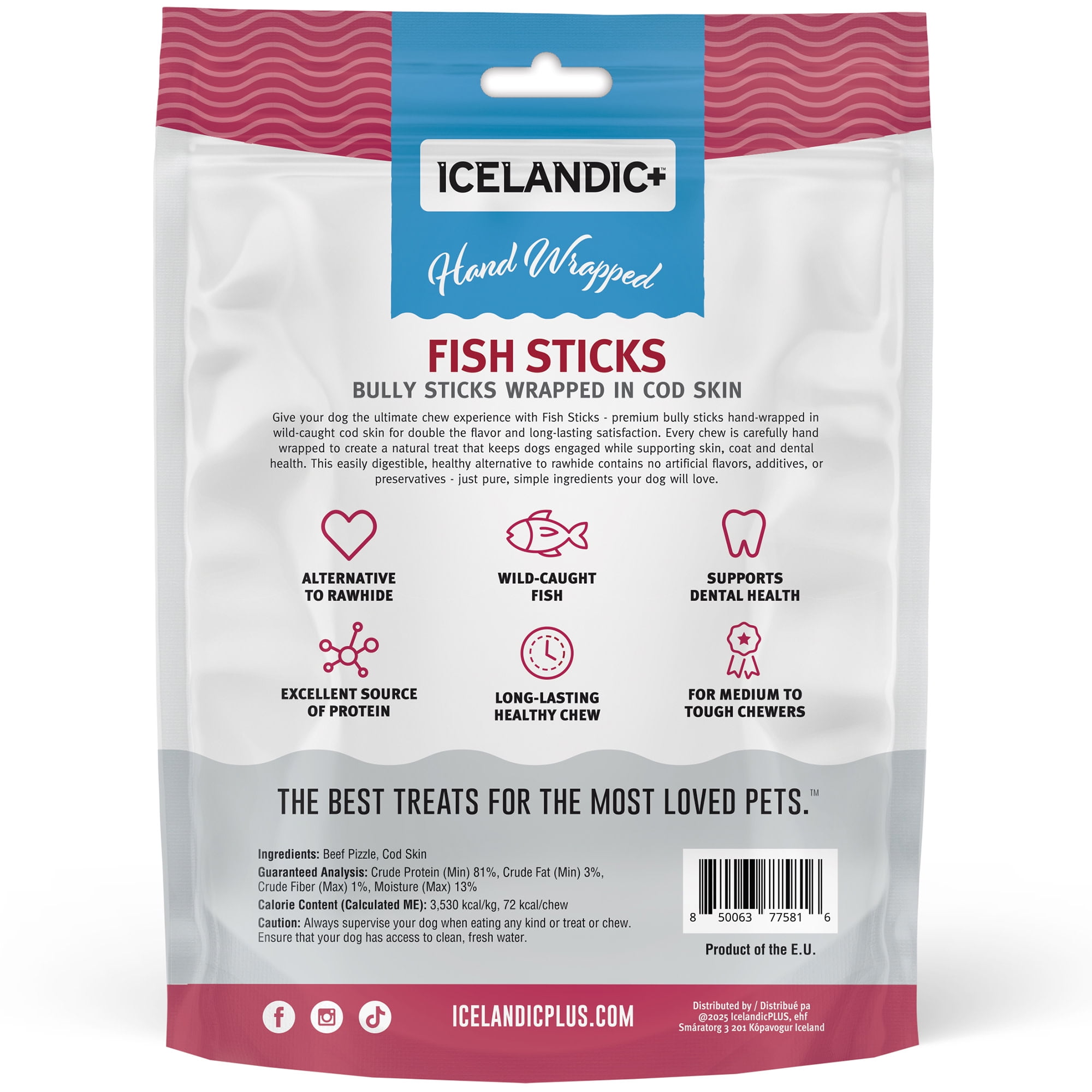 Icelandic+ Fish Sticks - Bully Stick Wrapped In Cod Skin - 5 Pack, 6" - Dog Treats, 2 Ingredient Chews, Hand-Wrapped Wild-Caught Fish, Pet Snacks