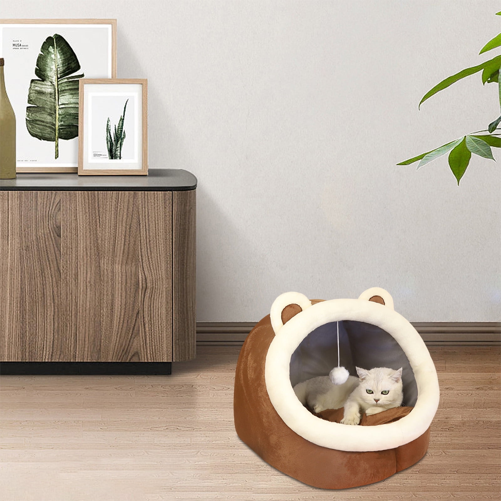 AUHomi Cute Cat Bed for Indoor Cats, Semi-Enclosed Soft Half-Covered Cat Bed, Thickening and Warm in Winter, Warm Soft Cave Fit for Cat Up to 16 Lb and Puppy, Brown