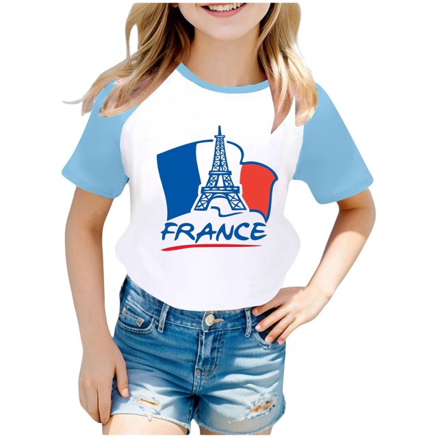 Chemises pour Tout-Petits à Manches Raglan Imprimé Commémoratif du Tourisme Urbain Manches Courtes à Blocs de Couleur Hauts pour Filles Bleu Clair 11-12 Ans