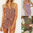 thumbnail image 5 of Womens Sexy Halter V-Neck Backless Knitted Bodycon Mini Dress Rainbow Striped Package Hip Beach Sundress Party Clubwear, 5 of 19