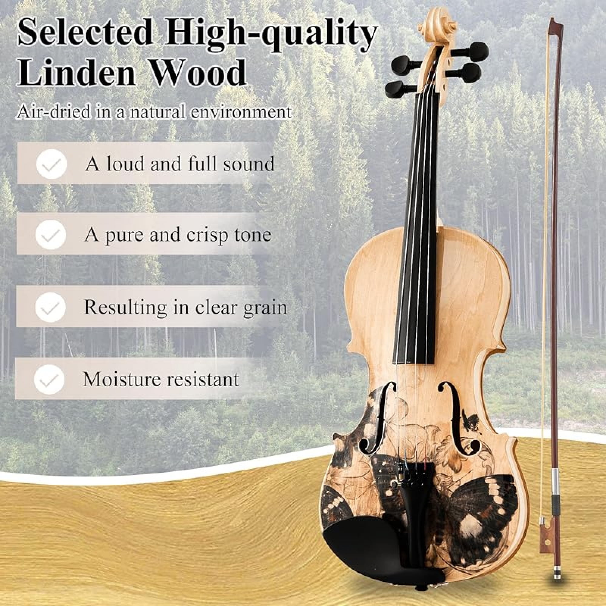 Beginner Violin 4/4 Full Size Kit, Violin Fiddle Set for Professional, Teens, Student, Solid Wood Violins Set with Bow, Rosin, Shoulder Rest, Extra Strings and a Lightweight Hard Case (Black)