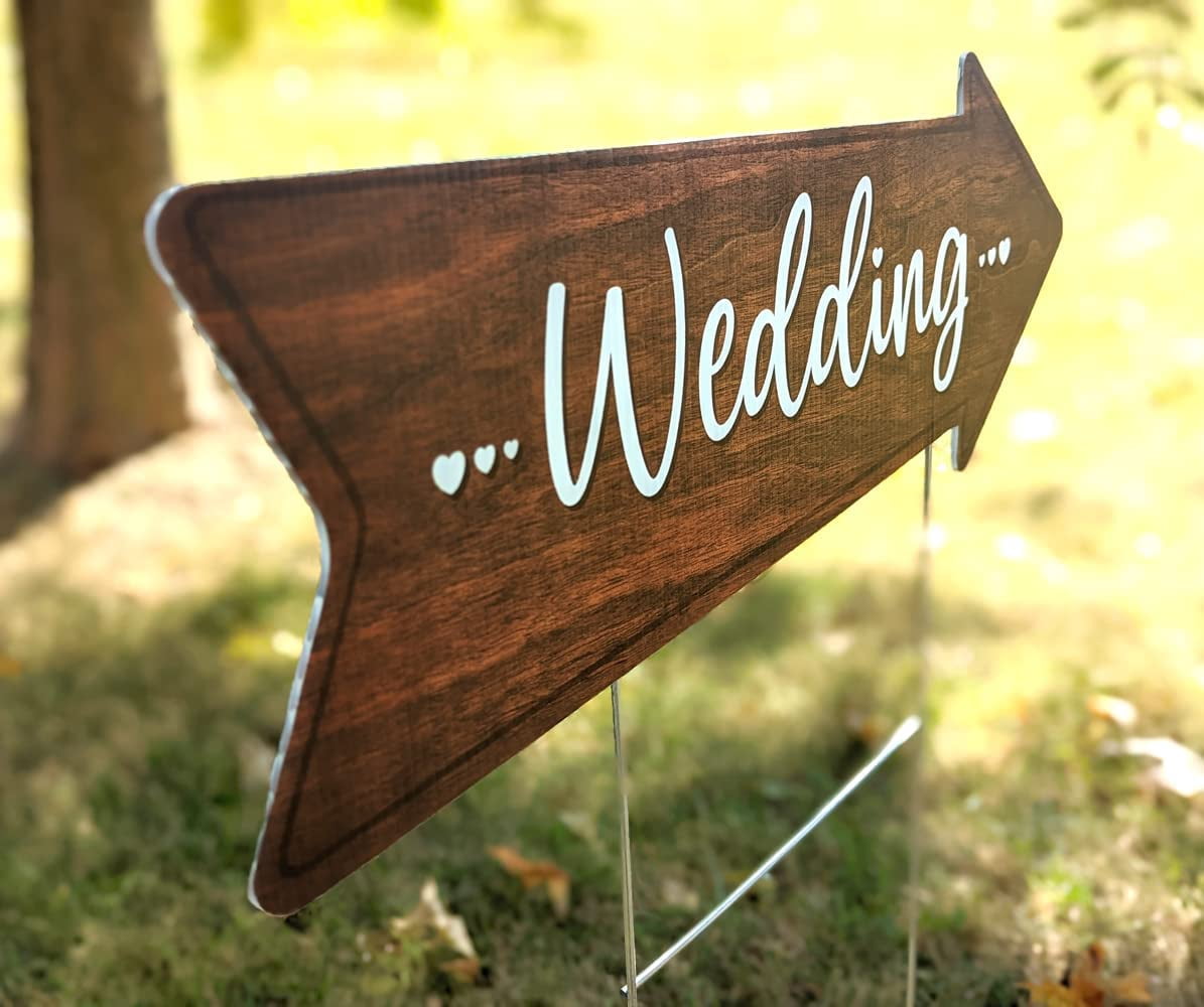 Wedding Directional Yard Sign 23.5 x 8.5, Waterproof, Wood Printed Design on Durable Coroplast with Tall Heavy Duty Yard Stakes (2 Pack)