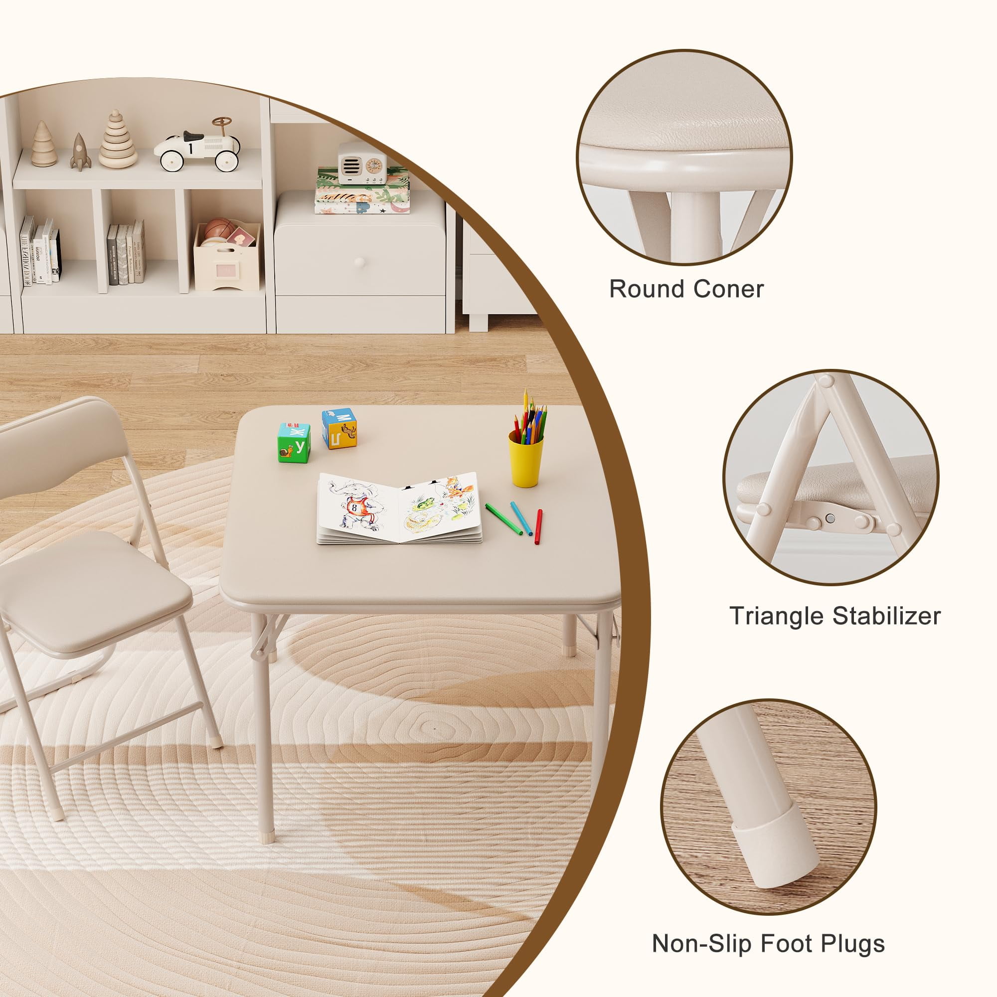 Kselythan Kids 3 Pieces Folding Table and Chairs Set, Boys and Girls Square Table Set with 2 PU Soft Cushion Chair for Eating Reading Playing