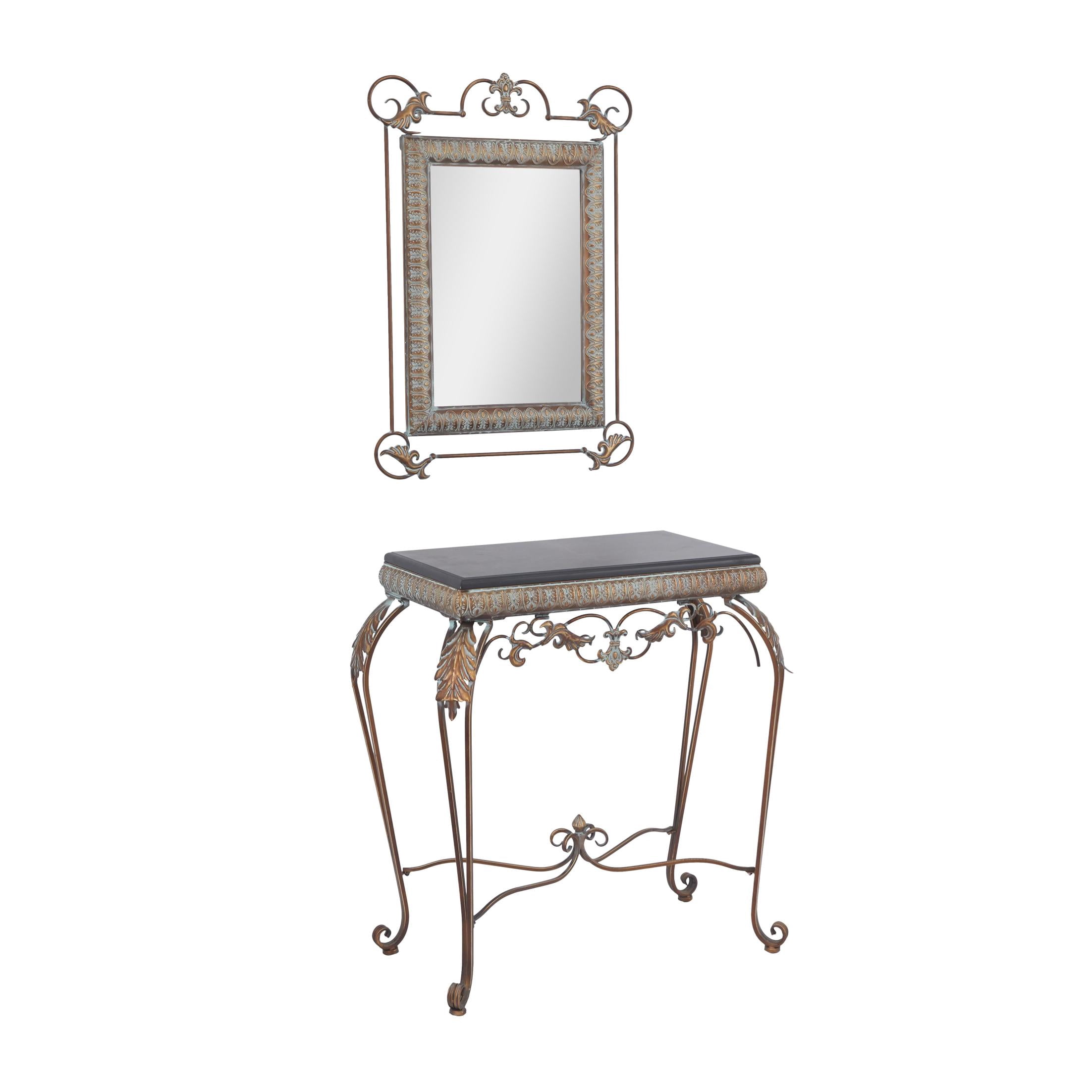 DecMode 23" x 32" Bronze Metal Leaf Console Table with Mirror with Scrolled Legs, 2-Pieces